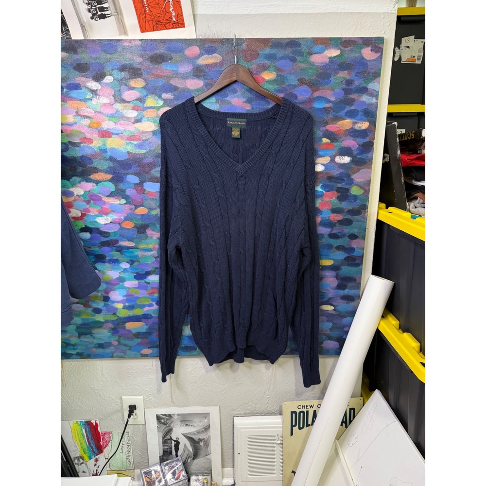 Izod Club Mens Large Navy Blue Cable Knit V-Neck 100% Cotton Pullover Sweater